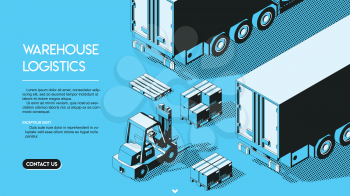 Warehouse Logistics Concept. Shipment Halftone Isometric Vector Illustration on Blue Background in Thin Line Art. Loader Forklift with Delivery Parcels and Pallets.