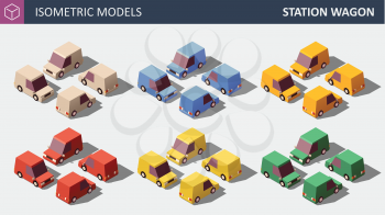 Vector Isometric Models of Station Wagon, shown in Four Dimensions. Isolated Vector 3D Illustration. Personal Cars in Six Colors.