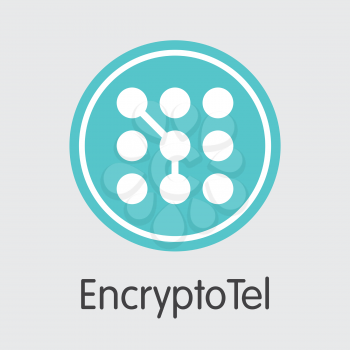 Encryptotel - Cryptographic Currency Concept. Colored Vector Icon Logo and Name of Digital Currency on Grey Background. Vector Coin Image for Exchange ETT.