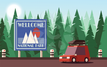 Traveling or Tourism Concept. Personal Car Drives into the National Park. Vector 2D Illustration.