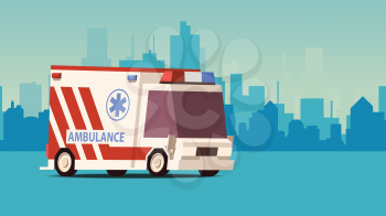 Cartoon Styled Side View Ambulance Car on Blue Cityscape Background. IsoFlat Styled Vector Illustration.