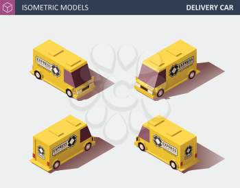 Yellow Cargo Truck or Delivery Car with Company Logo. Fast Delivery or Logistic Transport. Template Vector Isolated on White. Isometric High Quality Element. EPS 10 Vector. Flat Style Illustration.