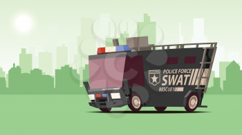 Police Van. Armored Special Forces Vehicle SWAT. Comic Cartoon Styled Side View Police Car on Orange Landscape Background. IsoFlat Styled Vector Illustration.