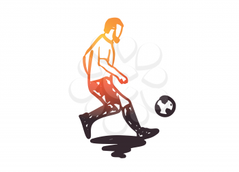 Hand Drawn Soccer or Football Player Shooting a Ball. Vector Image Concept Sketch.