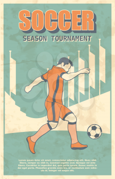 Soccer or Football Player Shooting a Ball Action. Vintage Vector Illustration. Old, Retro Poster or Placard.