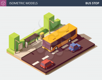 Modern Urban Concept of Public Transport. Includes Bus on Bus Station, Ticket Vending Machine, Litter Bin, Personal Cars, Outdoor Advertising Citylight with Empty Space. Vector Isometric Illustration.