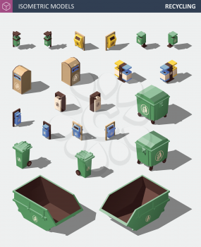 Modern Recycle Mixed Waste Garbage Bin Illustration Set. Trash Bin Icons Set. Vector Isometric 3d Illustration of Trash Bins and Containers.