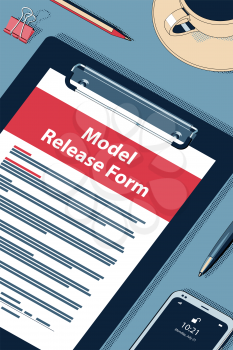 Model Release Form Concept with Clipboard, Modern Smartphone, Ball Pen and Glasses. Flat Lay, Top View. Vector Halftone Isometric Illustration.