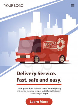 Poster Delivery or Logistics. Red Delivery Car on Blue Landscape Background in Minimal Design with Red Download Button. Flat Vector Illustration.