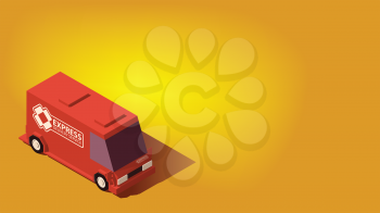 Low Poly Red Express Delivery Car. Logistics or Relocation Concept on Yellow Background.