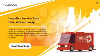 Delivery or Logistics Services Mobile App with Cartoon Red Car on Yellow Landscape Background. Website Template or Home Landing Page Concept. UI Design Mockup. Vector Illustration.
