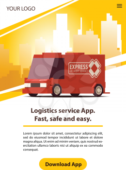 Poster Delivery or Logistics. Red Commercial Car on Yellow Landscape Background in Minimal Design with Yellow Download Button. Flat Vector Illustration.