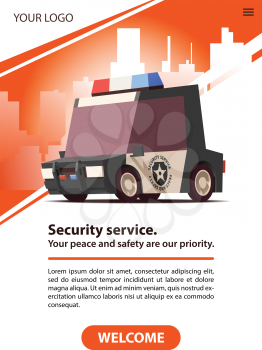 Poster Security Service. Private Guard Car on Red Landscape Background in Minimalistic Design with Red Download Button. Flat Vector Illustration.