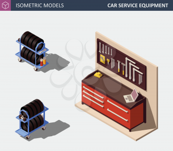 Car Service Equipment Set. Includes Tire Rack and Work Bench. Vector Isometric Illustration.