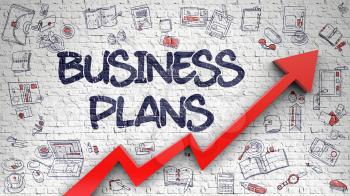 Business Plans - Improvement Concept. Inscription on the Brick Wall with Doodle Design Icons Around. Business Plans - Modern Style Illustration with Hand Drawn Elements. 3d.