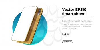 Golden Smartphone with Frameless Blank Screen in Rotated Position. 3D Perspective Illustration or Isometric View of Two Cell Phones.