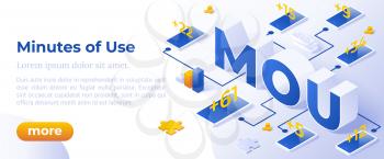 MoU - Minutes of Use. Isometric Concept in Trendy Colors. Telecommunication Management Segment Metaphor. Banner Layout Template for Website and Mobile Website Development. Easy to Edit and Customize.
