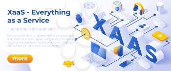 XAAS - Everything as a Service or on-Demand - Isometric Concept in Trendy Colors. Cloud Computing Segment Metaphor. Website Banner Layout Template. Vector Illustration.