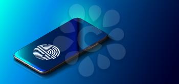 Fingerprint ID Scanner on Phone Screen. Touch Screen Smartphone with Zone to Touch Human Finger to Unlock Device. Biometric Identification and Approval Concept. Modern Mobile Phone on Blue Background