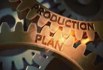 Golden Gears with Production Plan Concept. Production Plan - Illustration with Glow Effect and Lens Flare. 3D Rendering.