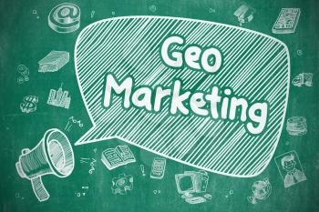 Business Concept. Mouthpiece with Wording Geo Marketing. Cartoon Illustration on Blue Chalkboard. Yelling Bullhorn with Text Geo Marketing on Speech Bubble. Cartoon Illustration. Business Concept. 