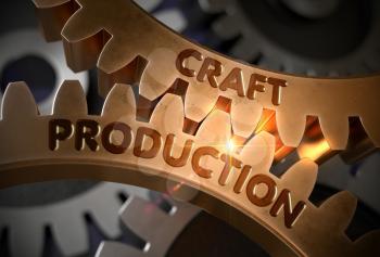 Craft Production on the Mechanism of Golden Metallic Cogwheels with Lens Flare. Craft Production - Technical Design. 3D Rendering.