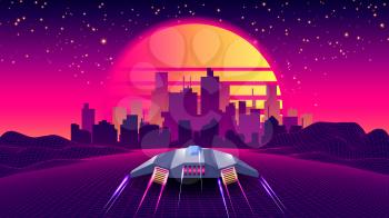 Arcade Space Ship Flying to the Sunset. Retro 80s Fashion Sci-Fi Background Landscape. Digital Retro Cityscape Sci-Fi Summer Landscape with 3D Mountains, 80s Style Synthwave or Retrowave illustration.