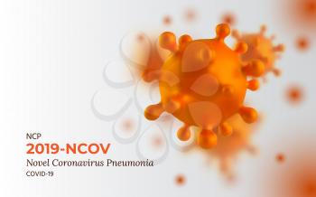 Novel Coronavirus 2019-nCoV. SARS-CoV-2 is a Positive-sense Single-stranded RNA Virus. Background with realistic 3d orange Viruses Cells. SARS-CoV2. Vector illustration with Selective Focus.