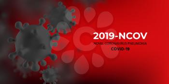 Novel Coronavirus 2019-nCoV. Virus Covid 19-NCP. SARS CoV 2 Denoted is Single-stranded RNA VIRUS. Red Background with Black 3D Realistic Virus Cell. Banner, Web Poster Viral.