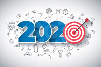Year 2020 - Business Concept with Target. Hand Drawn in Red and Blue Colors Creative Text, on Hand Drawn Business Icons Background. Modern Vector Illustration or Design Template.