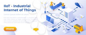 INDUSTRIAL INTERNET OF THINGS IIoT - Isometric Design in Trendy Colors Isometrical Icons of Various Electronic and Industrial Devices on Blue Background. Banner Layout Template for Website Development