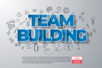 Team Building - Creative Business Concept. Hand Drawn in Red and Blue Colors Creative Text, on Hand Drawn Business Icons Background. Modern Vector Illustration or Design Template.