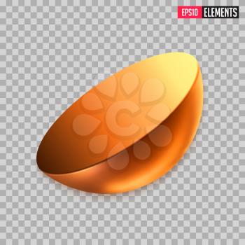 Golden Metal Semi Sphere or Half of the Ball Shape. Decorative Geometric Element of Metallic Golden 3D Object Isolated on Transparent Background. Vector Illustration.