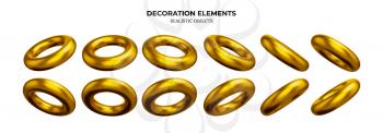 Set of Realistic Torus or Donut in Gold Metal. Geometrical Shapes. Golden or Bronze Bagel. Decorative Design Elements Isolated on White Background. 3D Objects Tor-Shaped Yellow Color. Vector.