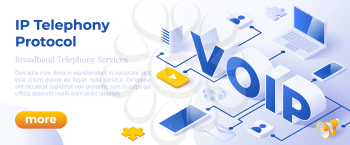 VOIP IP Telephony Services - Isometric Vector Concept Illustration. Voice Over IP or Internet Protocol Technology Background or Landing Page. Network Phone Call Software.