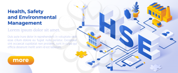 HSE - Health, Safety and Environmental Management. Web Banner for Business and Organization. Standards of Occupational Safety on Industrial Work.