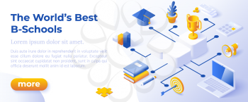 THE BEST BUSINESS SCHOOL, B-SCHOOL - Isometric Design in Trendy Colors. Isometrical Icons on Blue Background. Illustration for College WebSite or University Advertising Banner.