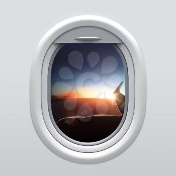 View from Airplane Window to the Sky and Wing. Dawn landscape. Time to travel. Realistic Aircraft Porthole. Panorama High above the Dark Earth. Wing of an Airplane Flying above the Clouds at Sunset