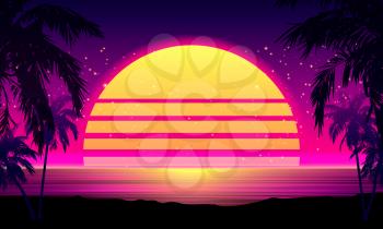 Retro 80s Style Tropical Sunset with Palm Tree Silhouette and Gradient Sky Background. Classic 80s Retro Design. Digital Retro Landscape Cyber Surface. 80s Party Background. Trendy Vector Illustration