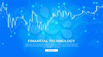 Financial Technology - Fintech Webpage Banner Concept. Stock Market Vector Banner on Blue Background. Landing Page Banner Template for Stock Exchange Markets.