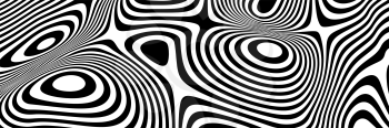 Trendy Optical illusion Wave Background. Abstract 3d Black and White illusions. Horizontal Lines Stripes Pattern on Background with Wavy Distortion Effect. Trendy Vector illustration.
