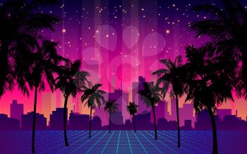 80s Futuristic Retro Future. Retro Futuristic Background 1980s Style with Palm Tree Silhouette. Road to the City at Sunset 1980s Style. Digital Retro Cityscape Fashion Sci-Fi Summer Landscape.