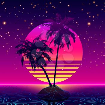 Retro Futuristic Background 1980s Style. Digital Palm Tree on a Lowpoly Cyber Island in Computer World. Retro Wave Music Album Cover Template with Sun, Palm, Island and Laser Waves Over Digital Ocean