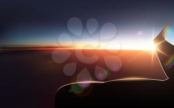 Vector View from Airplane Window Porthole. Wing and Beautiful Dawn. Clear Sky and Dark Earth seen from the Window Porthole. Airline Passenger. Vacation Destinations. Summer Holiday. Tropical Beach.
