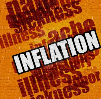 Healthcare concept: Inflation on the Yellow Wall . Inflation - on the Wall with Word Cloud Around . 