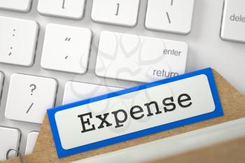 Expense written on Blue Card Index Concept on Background of Modern Laptop Keyboard. Closeup View. Blurred Illustration. 3D Rendering.