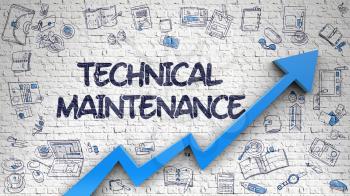 Technical Maintenance Drawn on White Brickwall. Illustration with Doodle Design Icons. Technical Maintenance - Enhancement Concept with Doodle Design Icons Around on White Brick Wall Background. 3D.