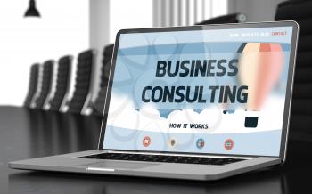Laptop Display with Business Consulting Concept on Landing Page. Closeup View. Modern Conference Hall Background. Blurred Image. Selective focus. 3D Illustration.