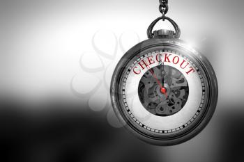 Business Concept: Pocket Watch with Checkout - Red Text on it Face. Checkout Close Up of Red Text on the Vintage Pocket Watch Face. 3D Rendering.