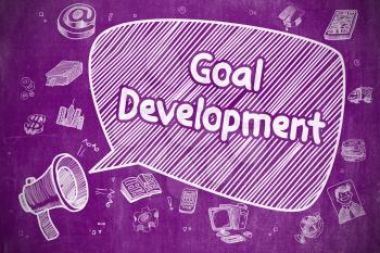 Goal Development on Speech Bubble. Doodle Illustration of Shouting Bullhorn. Advertising Concept. Business Concept. Megaphone with Phrase Goal Development. Cartoon Illustration on Purple Chalkboard. 